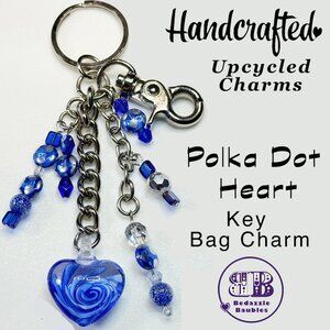 Handcrafted Upcycled Key Purse Charm POLKA DOT HEART Blue Glass Pendant & Beads